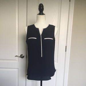 Ann Taylor Sleeveless top Navy Off White Trim Sz S
